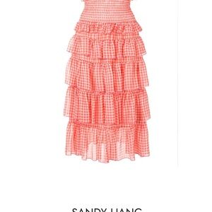 Sandy Liang Coral Gingham Tiered Midi Skirt or dress